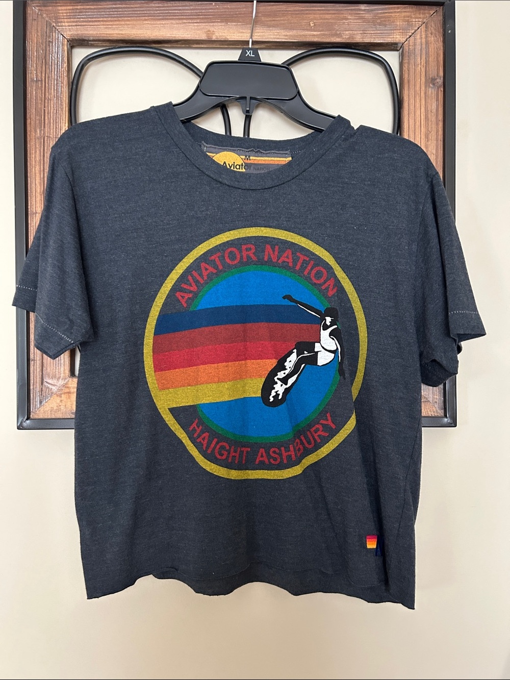 Aviator Nation Black Short-Sleeve Tee with Retro Rainbow Surf Graphic